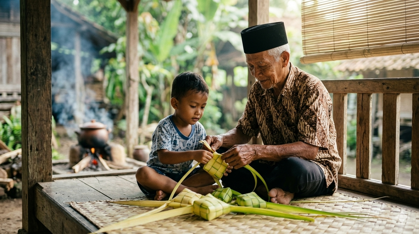 Ketupat Lebaran dengan anyaman janur sebagai simbol tradisi dan filosofi Islam Jawa