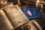 Manuskrip Arab 'Al-Jabr' dan sebuah tablet modern yang bersinar samar-samar.