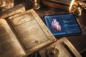 Manuskrip Arab 'Al-Jabr' dan sebuah tablet modern yang bersinar samar-samar.