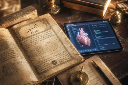 Manuskrip Arab 'Al-Jabr' dan sebuah tablet modern yang bersinar samar-samar.