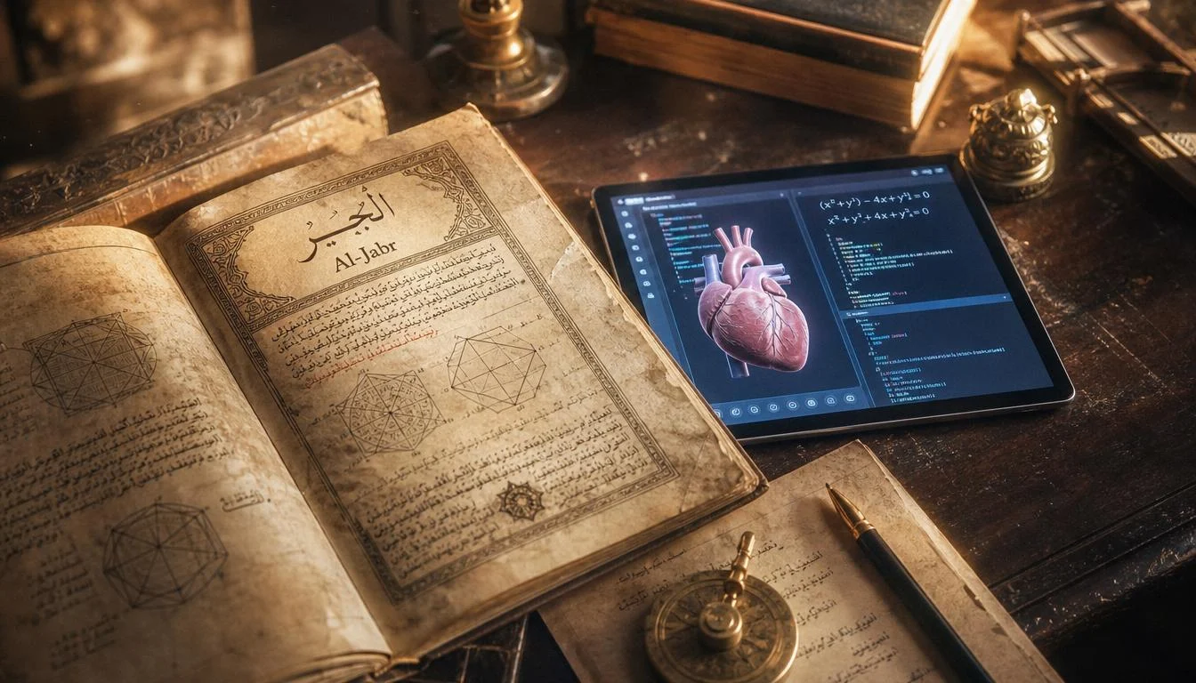 Manuskrip Arab 'Al-Jabr' dan sebuah tablet modern yang bersinar samar-samar.
